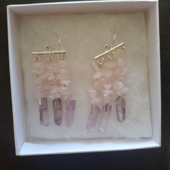 Handmade Amethyst and Rose Quartz Dangly Earrings - Picture 5 of 5